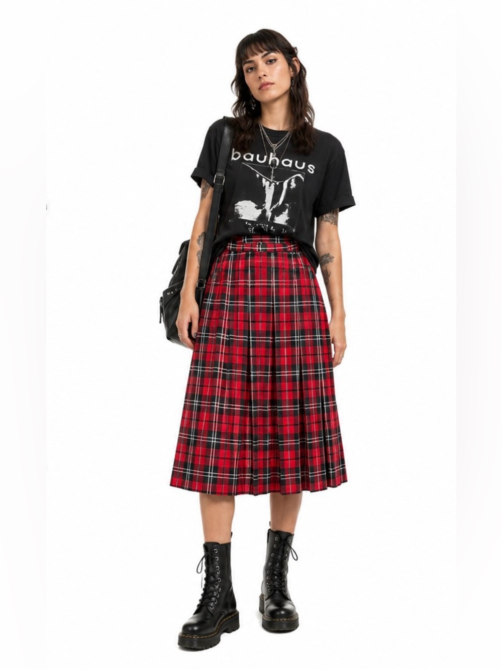 Vintage 90s Red Plaid Midi Skirt Women Size XS Grunge Punk Academia Pleated